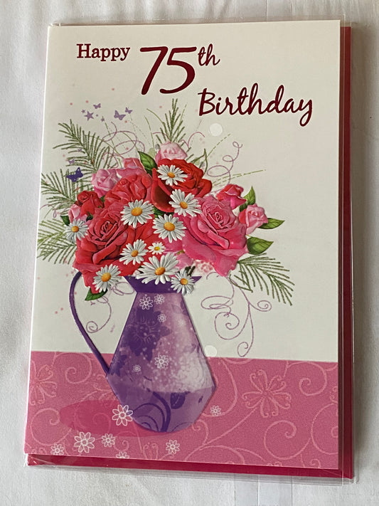 Ladies/Female Age 75 75th Seventy-Five Seventy-Fifth Happy 75th Birthday Card Pink/White Flowers/Purple Jug Foil Detail(NC-VA006A)