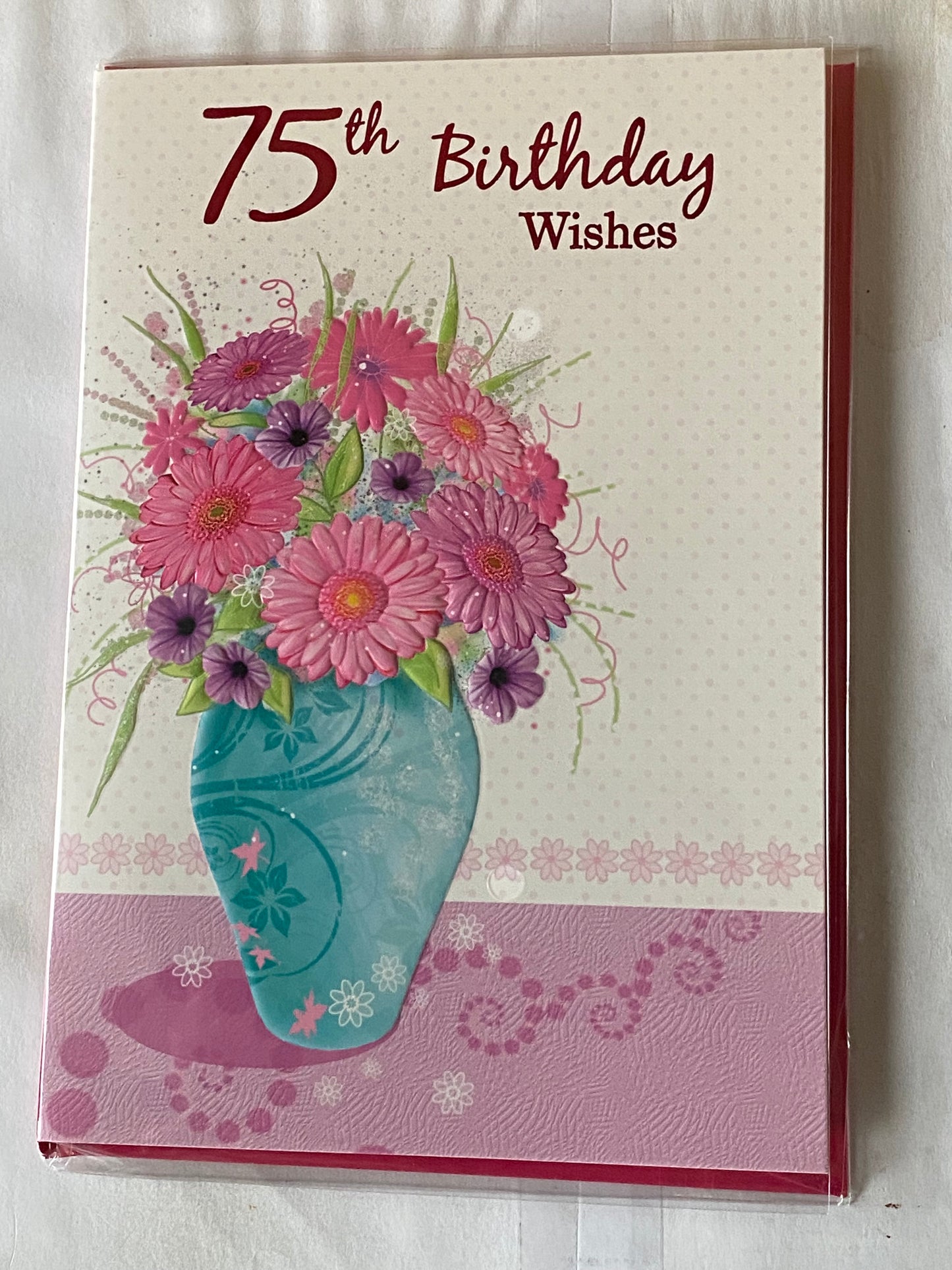 Ladies/Female Age 75 75th Seventy-Five Seventy-Fifth 75th Birthday Wishes Birthday Card Pink/Purple Flowers/Turquoise Vase Foil Detail(NC-VA006E)