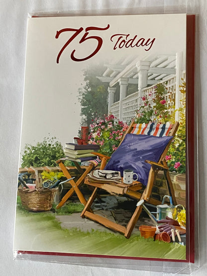 Mens Male Age 75 75th Seventy-Five Seventy-Fifth 75 Today Birthday Card Stripe Deck Chair/Blue Cushion Foil Detail(NC-VA197A)