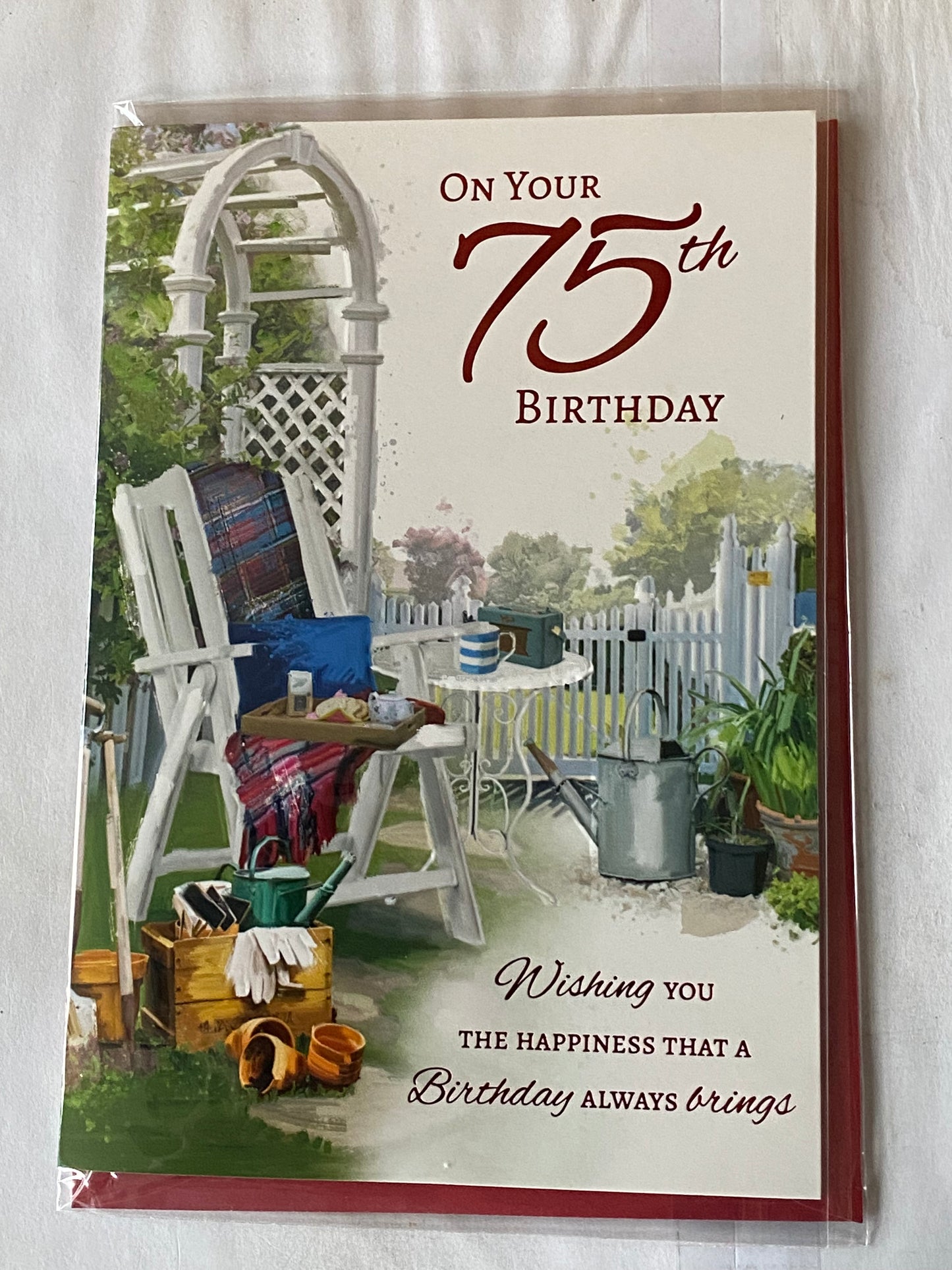 Mens Male Age 75 75th Seventy-Five Seventy-Fifth On Your 75th Birthday Card White Garden Chair+Table Foil Detail(NC-VA197E)