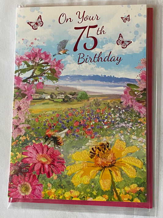 Ladies/Female Age 75 75th Seventy-Five Seventy-Fifth On Your 75th Birthday Card Flowers/Bees/Coastal Scene Glitter/Foil Detail(NC-VA231A)