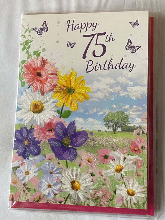 Ladies/Female Age 75 75th Seventy-Five Seventy-Fifth Happy 75th Birthday Card Flowers/Countryside Glitter/Foil Detail(VA231E)