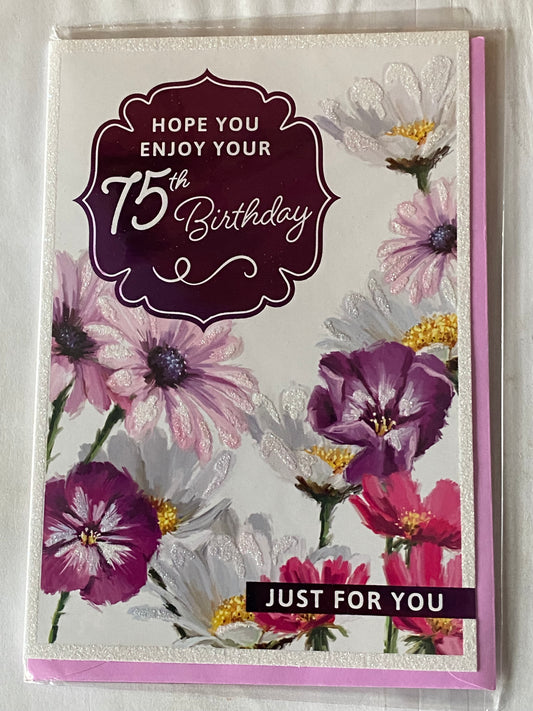 Ladies/Female Age 75 75th Seventy-Five Seventy-Fifth Hope You Enjoy Your 75th Birthday Just For You Birthday Card Multi Flowers/Words Glitter/Foil Detail(PH48382A)