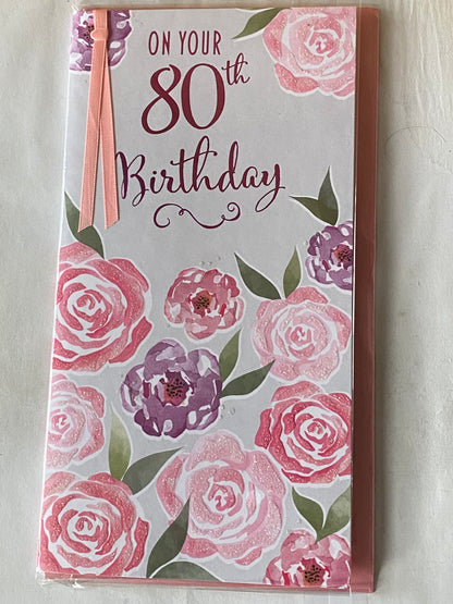 Ladies Female 80th Age 80 Eighty On Your 80th Birthday Card Pink/Purple Flowers Ribbon/Glitter/Foil Detail(PRELUDE45256)