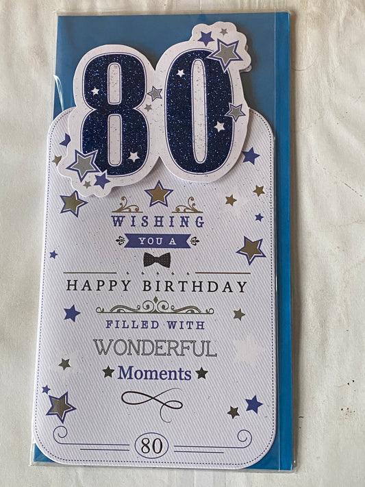 Mens Male Age 80 80th Eighty Eightieth 80 Wishing You A Happy Birthday Filled With Wonderful Moments Birthday Card White/Blue/Silver Words/Stars 3D/Glitter/Foil Detail(PRELUDE33970-2)