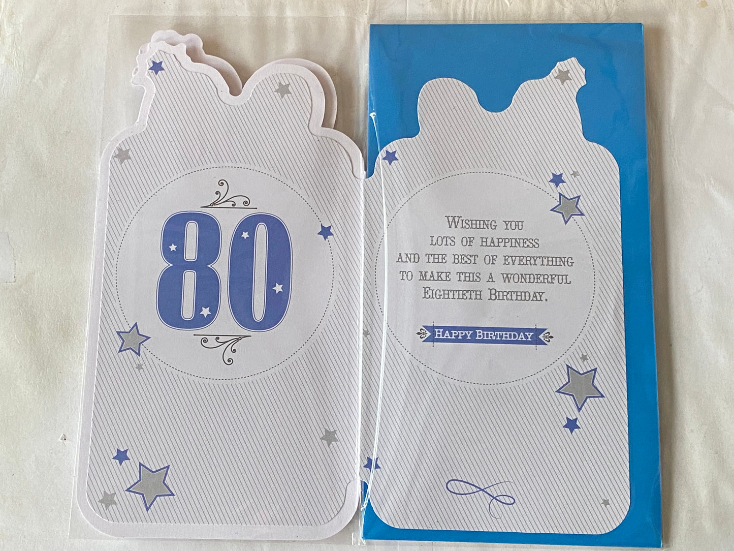 Mens Male Age 80 80th Eighty Eightieth 80 Wishing You A Happy Birthday Filled With Wonderful Moments Birthday Card White/Blue/Silver Words/Stars 3D/Glitter/Foil Detail(PRELUDE33970-2)