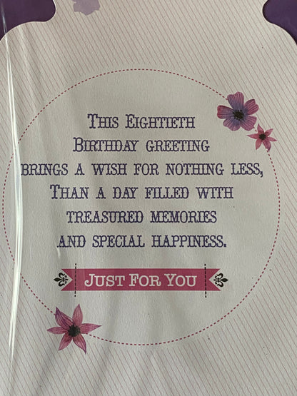 Ladies Female Age 80 80th Eighty Eightieth 80 Congratulations & Special Wishes As You Celebrate Your Birthday Card White/Purple/Pink Words/Flowers 3D/Glitter/Foil Detail(PRELUDE33969-2)