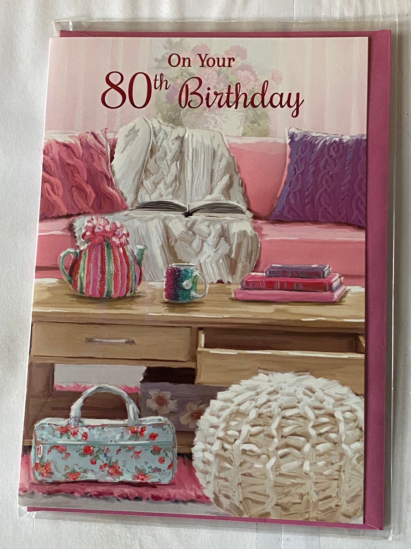 Ladies Female Age 80 80th Eighty Eightieth On Your 80th Birthday Card Pink Sofa/Coffee Table/Teapot Foil Detail(PH45843A)