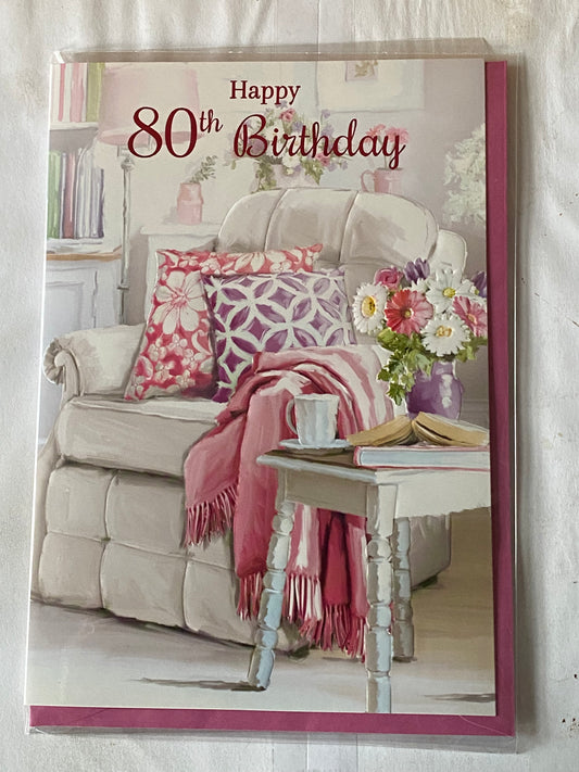 Ladies Female Age 80 80th Eighty Eightieth Happy 80th Birthday Card White Chair/White Table/Flowers Foil Detail(PH45843E)