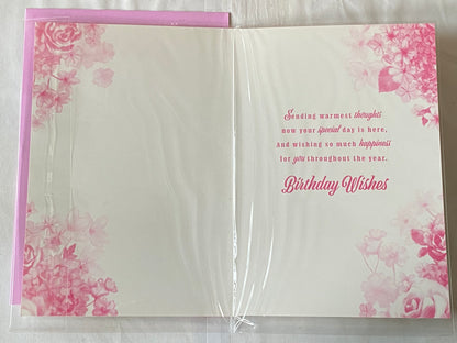 Ladies/Female Age 80 80th Eighty Eightieth Happy 80th Birthday Card Pink/Purple Flowers/Silver Words Glitter/Foil Detail(PH47333E)