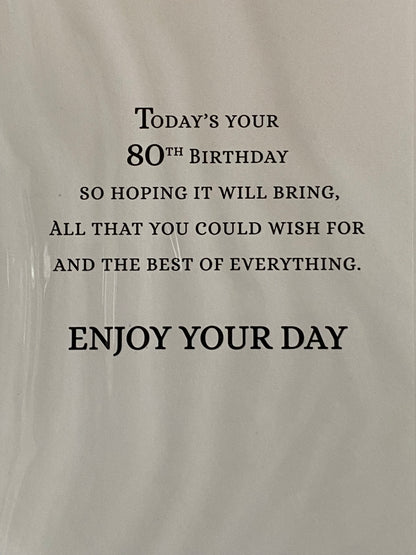 Mens Male Age 80 80th Eighty Eightieth 80 Eighty Today Celebrate Birthday Card Silver/Black Words/Stars Foil Detail(PH44442E)