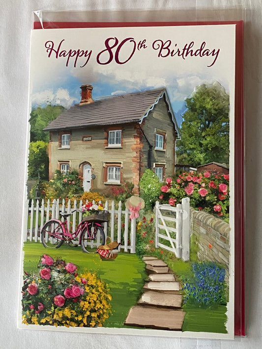 Ladies Female Age 80 80th Eighty Eightieth Happy 80th Birthday Card Country Cottage/White Fence/Pink Bike Foil Detail(NC-VA171A)