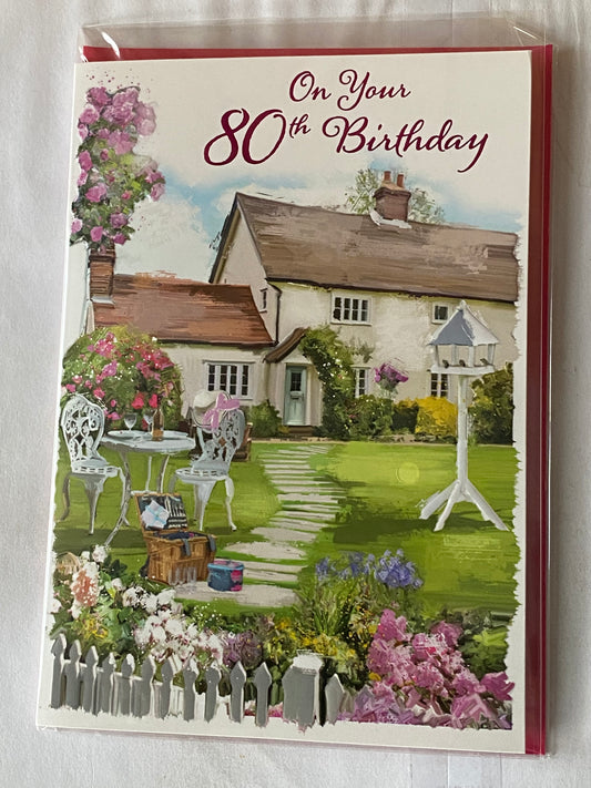 Ladies Female Age 80 80th Eighty Eightieth On Your 80th Birthday Card Country Cottage/White Bird Table Foil Detail(NC-VA171E)