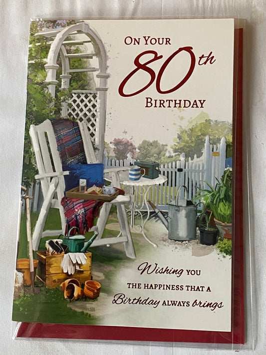 Mens Male Age 80 80th Eighty Eightieth On Your 80th Birthday Card White Garden Chair/White Table Foil Detail(NC-VA197E)