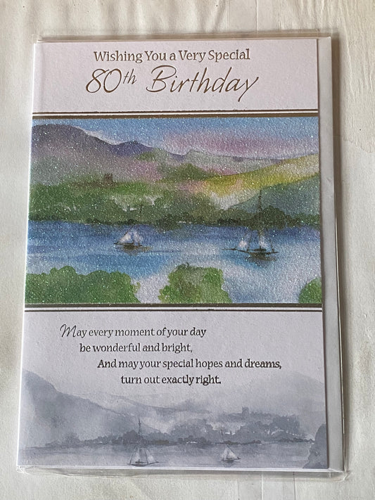 Mens Male 80th Age 80 Eighty Eightieth Wishing You A Very Special 80th Birthday Card Yachts/Words Glitter/Foil Detail(KI32819)