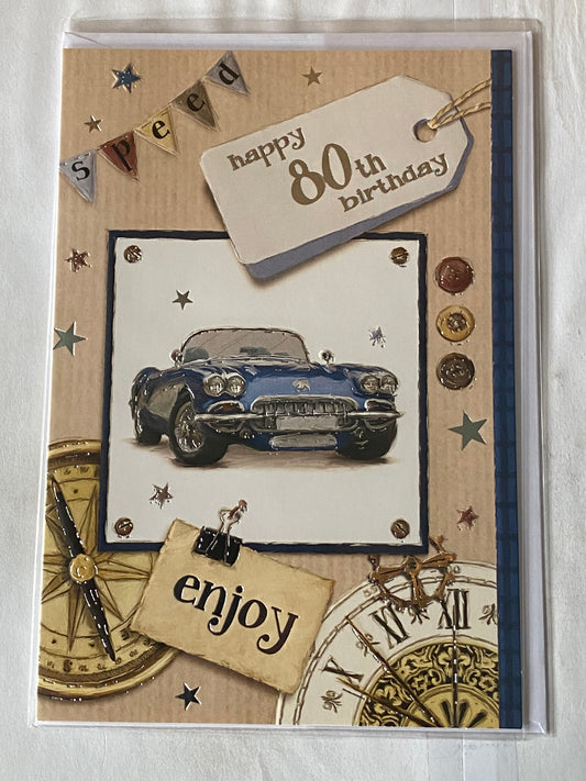 Mens Male 80th Age 80 Eighty Eightieth Happy 80th Birthday Card Blue Car Foil Detail(BGC50-986E)