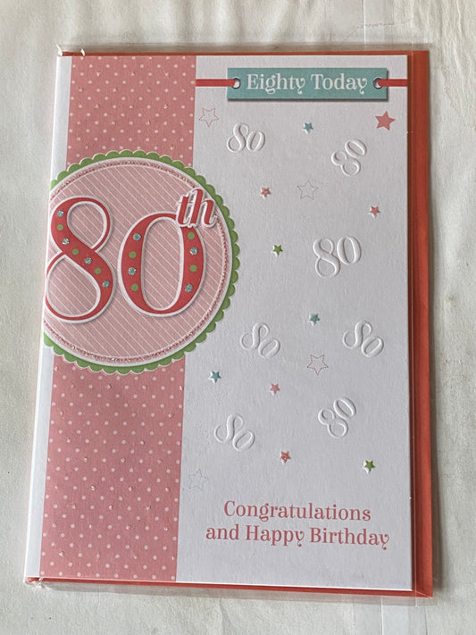 Ladies Female 80th Age 80 Eighty Today Congratulations And Happy Birthday 80th Birthday Card White/Peach/Green Glitter Detail(PRELUDE35089-1)