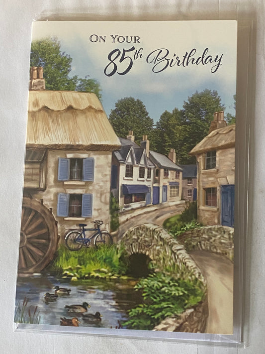 Mens Male Age 85 85th Eighty-Five Eighty-Fifth On Your 85th Birthday Card Houses/Bridge/Bike/Ducks/Waterwheel Foil Detail(VA078E)