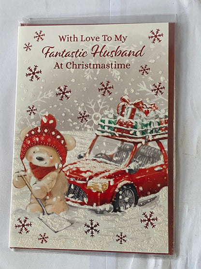 With Love To My Fantastic Husband At Christmastime Christmas Card Teddy/Red Car/Presents(PH46359A)