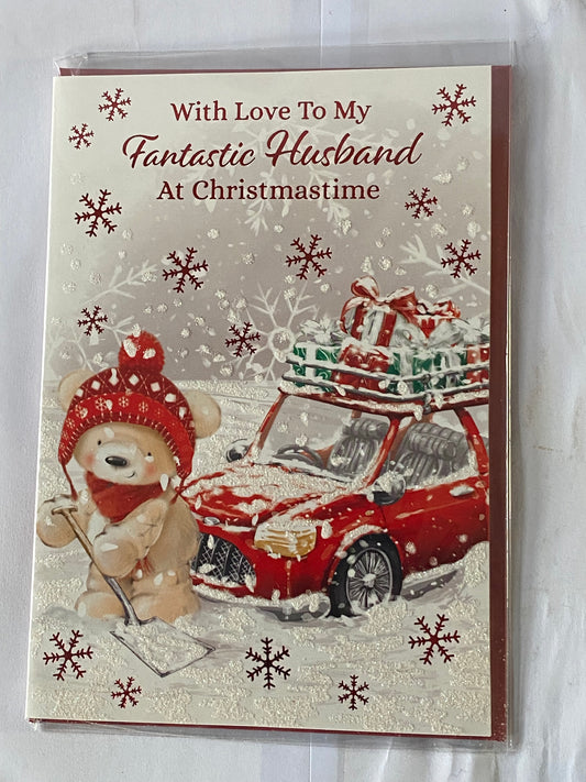 With Love To My Fantastic Husband At Christmastime Christmas Card Teddy/Red Car/Presents(PH46359A)