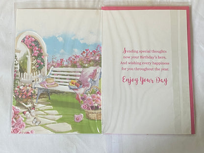 Ladies Female Age 85 85th Eighty-Five Eighty-Fifth 85 Today Birthday Card White Garden Bench/Pink Blanket Foil Detail(NC-VA180A)