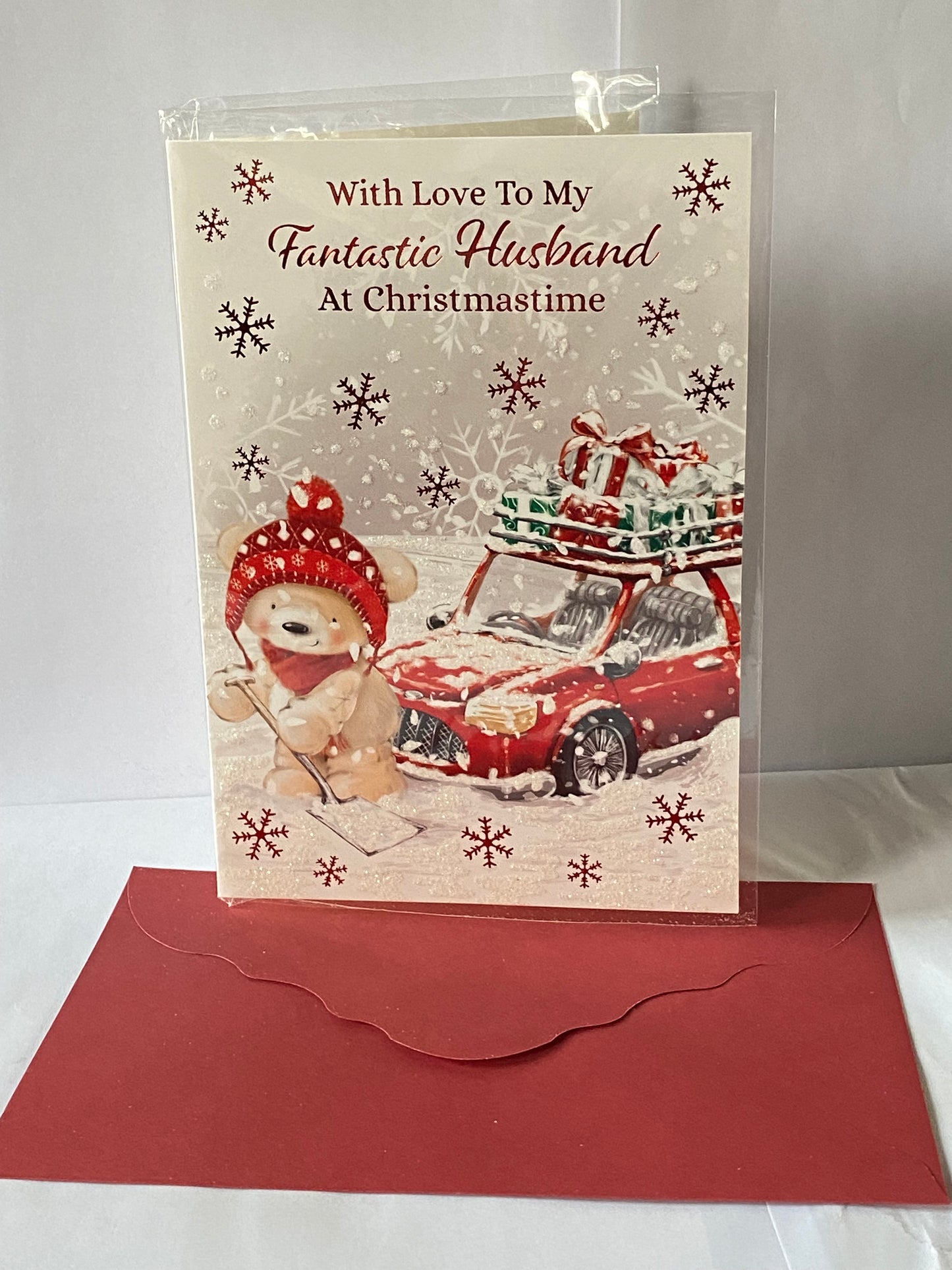 With Love To My Fantastic Husband At Christmastime Christmas Card Teddy/Red Car/Presents(PH46359A)