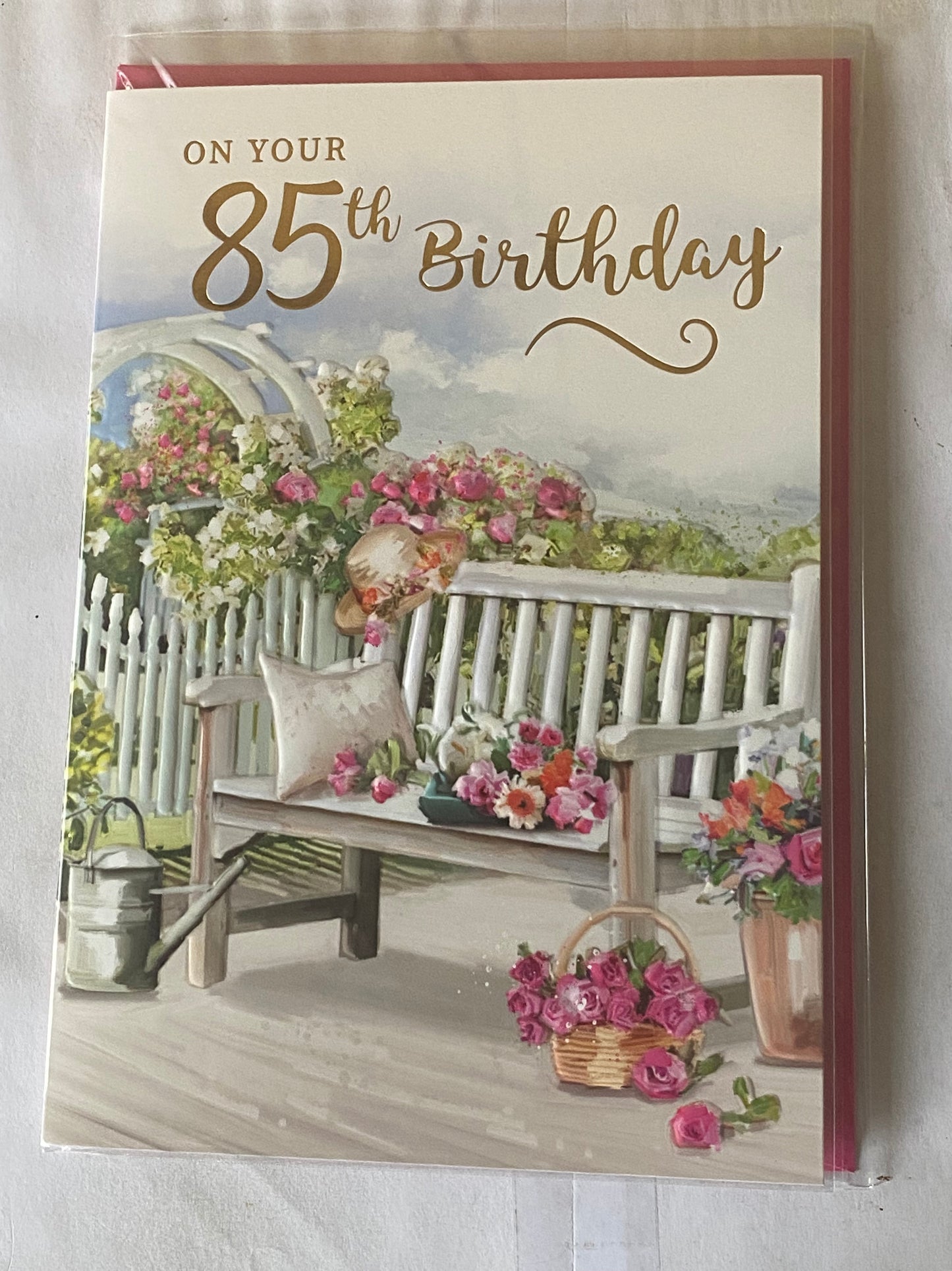 Ladies Female Age 85 85th Eighty-Five Eighty-Fifth On Your 85th Birthday Card White Garden Bench/White Cushion Foil Detail(NC-VA180E)