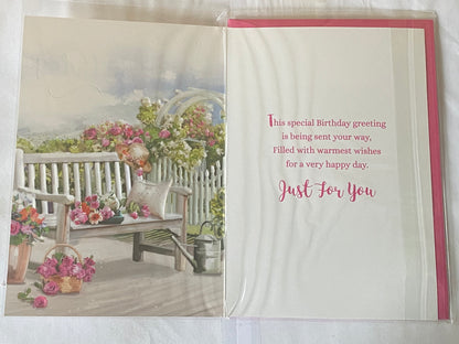 Ladies Female Age 85 85th Eighty-Five Eighty-Fifth On Your 85th Birthday Card White Garden Bench/White Cushion Foil Detail(NC-VA180E)