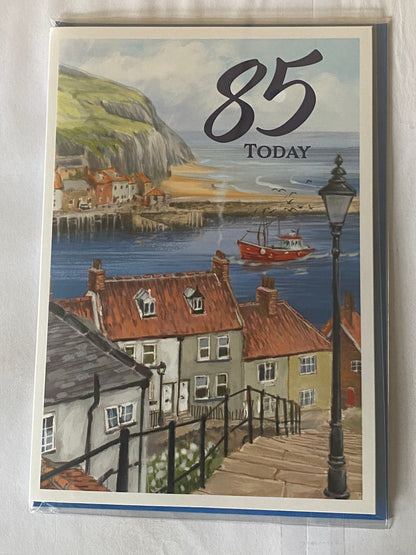 Mens Male Age 85 85th Eighty-Five Eighty-Fifth 85 Today Birthday Card Coastal Scene/Houses/Baot/Steps Foil Detail(NC-VA196E)