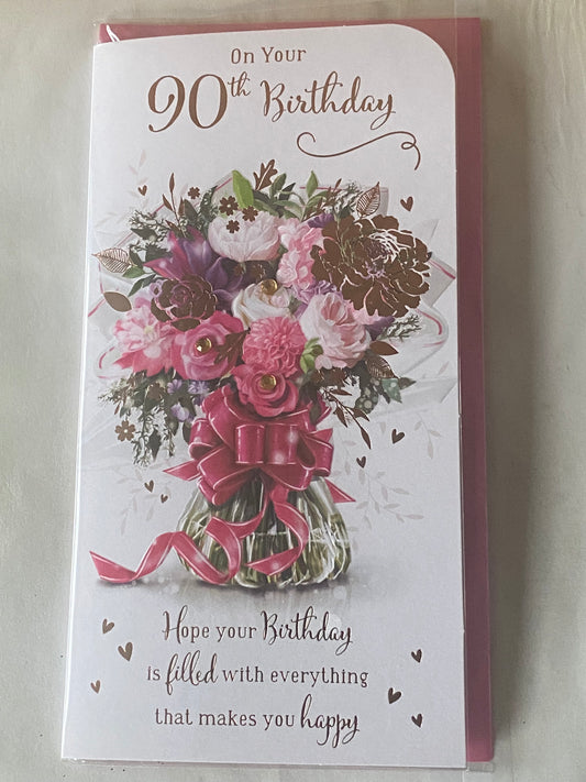 Ladies Female Age 90 90th Ninety Ninetieth On Your 90th Birthday Card Pink/Purple Flowers/Glass Vase/Words Gems/Foil Detail(PRELUDE46598)