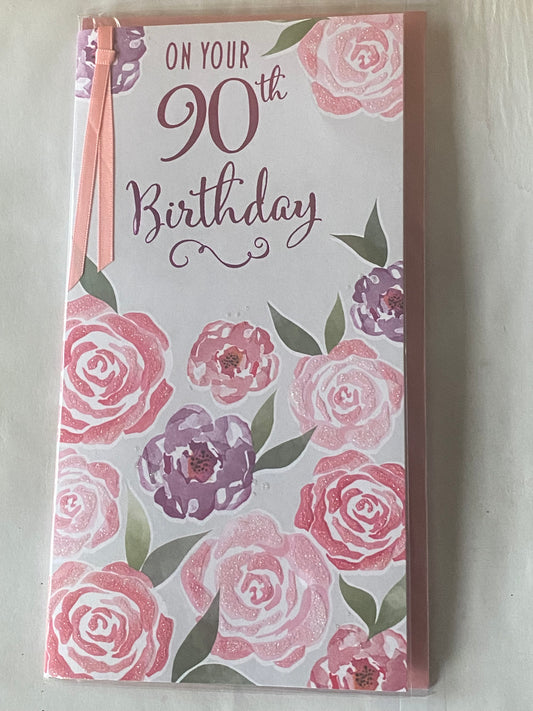 Ladies Female 90th Age 90 Ninety On Your 90th Birthday Card Grey-Pink/Purple Flowers Ribbon/Glitter/Foil Detail(PRELUDE45256)