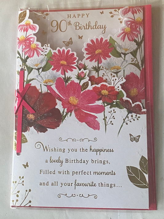 Ladies Female 90th Age 90 Ninety Happy 90th Birthday Card White/Pink/Gold Flowers/Words Ribbon/Glitter/Foil Detail(PRELUDE45274)