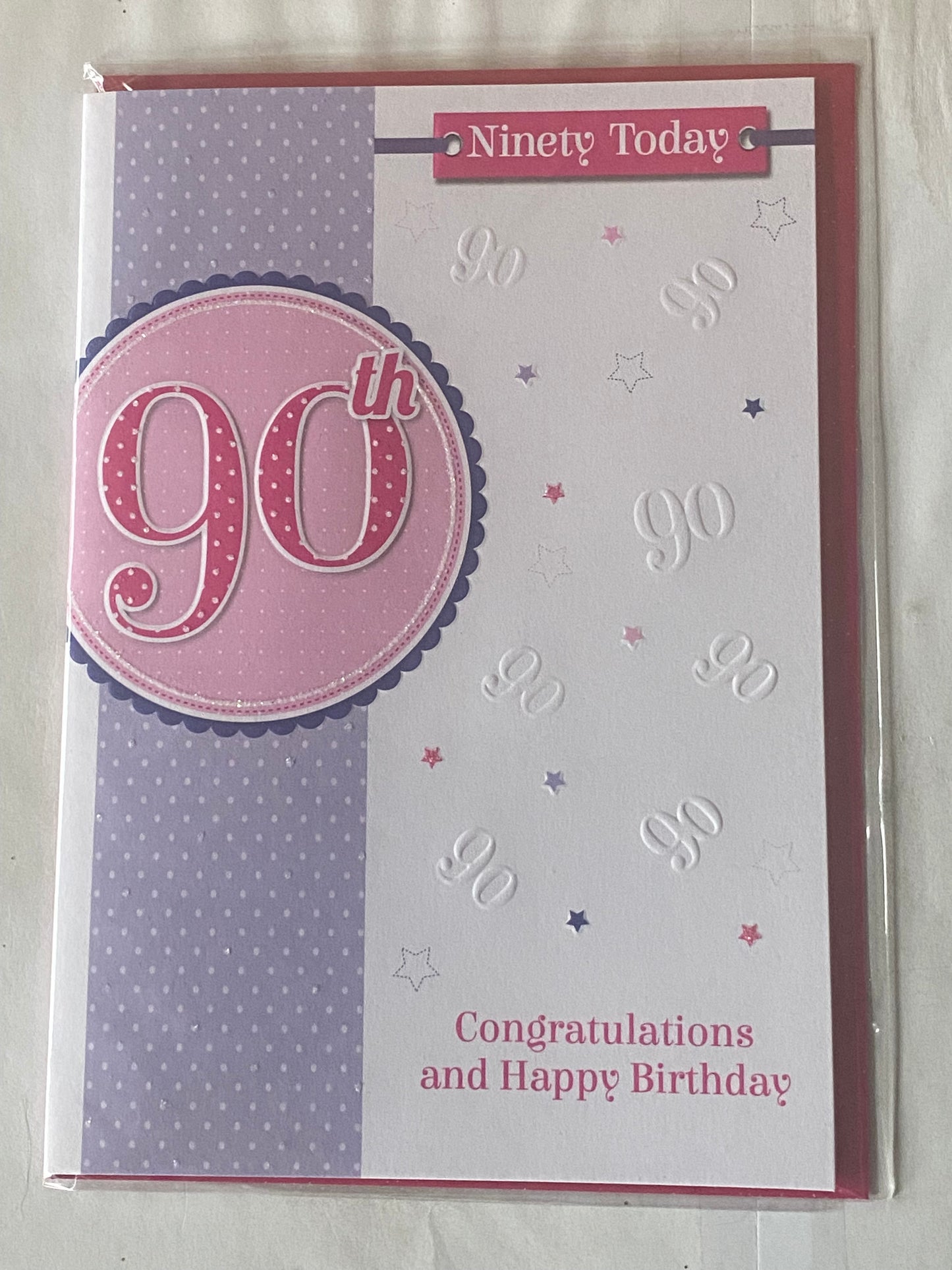 Ladies Female 90th Age 90 Ninety Today Congratulations And Happy Birthday 90th Birthday Card White/Purple/Pink Glitter Detail(PRELUDE35091-1)