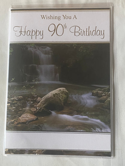 Mens Male 90th Age 90 Ninety Wishing You A Happy 90th Birthday Card Waterfall Scene Foil Detail(KI34483)