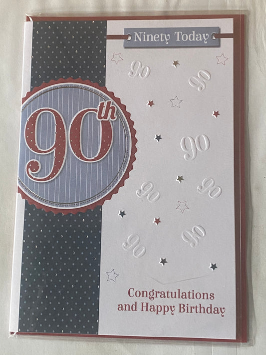 Mens Male 90th Age 90 Ninety Today Congratulations And Happy Birthday 90th Birthday Card White/Blue/Red Foil Detail(PRELUDE35092-1)