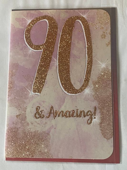 Ladies Female Age 90 90th Ninety Ninetieth 90 & Amazing! Birthday Card Pink/Cream/Gold Words Glitter Detail(OTB17488)