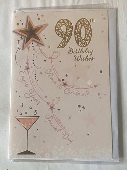 Ladies/Female Age 90 90th Ninety Ninetieth 90th Birthday Wishes Time To Celebrate Enjoy Your Special Day Birthday Card Pink/Gold Star/Cocktail Glass Foil Detail(SE28283)