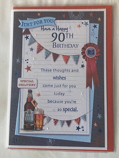 Mens/Male Age 90 90th Ninety Ninetieth Just For You Have A Happy 90th Birthday Card Bunting/Beer/Blue Words Foil Detail(X91Q3330A)