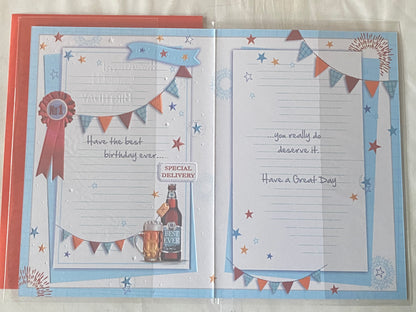 Mens/Male Age 90 90th Ninety Ninetieth Just For You Have A Happy 90th Birthday Card Bunting/Beer/Blue Words Foil Detail(X91Q3330A)