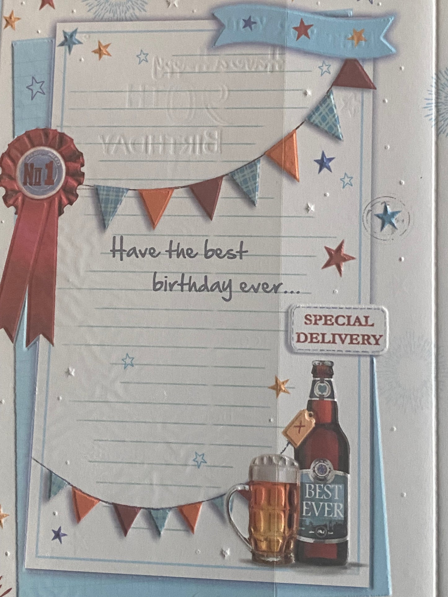 Mens/Male Age 90 90th Ninety Ninetieth Just For You Have A Happy 90th Birthday Card Bunting/Beer/Blue Words Foil Detail(X91Q3330A)