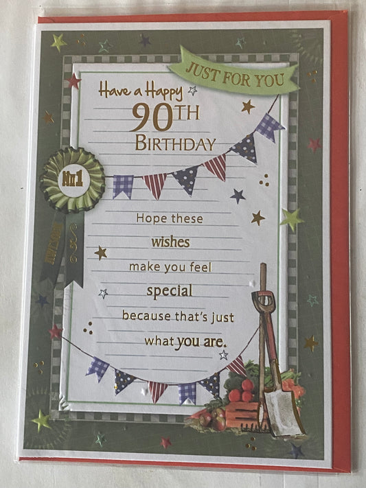 Mens/Male Age 90 90th Ninety Ninetieth Just For You Have A Happy 90th Birthday Card Bunting/Gardening/Gold Words Foil Detail(X91Q3330B)