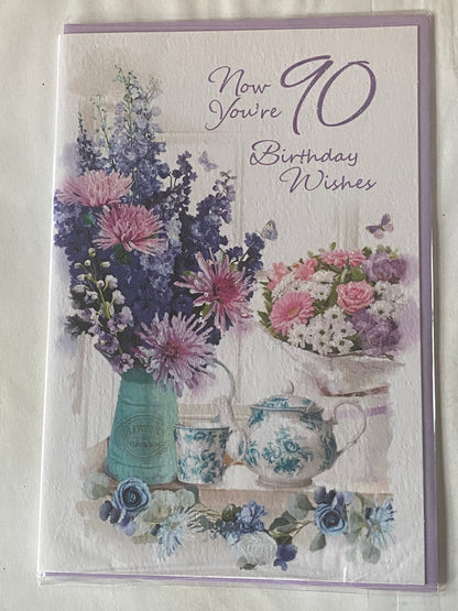 Ladies/Female Age 90 90th Ninety Ninetieth Now You're 90 Birthday Wishes Birthday Card Purple/Pink Flowers/Green Jug Vase Glitter Detail(SE28806)