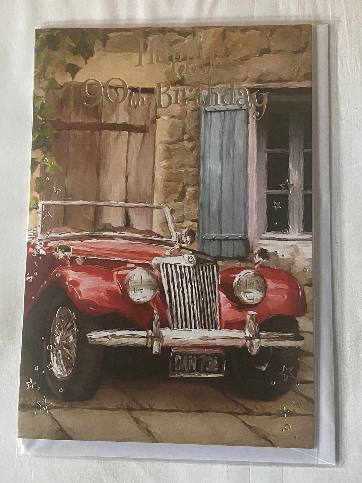 Mens Male Age 90 90th Ninety Ninetieth Happy 90th Birthday Card Red Sports Car/House Foil Detail(BGC50-990E)