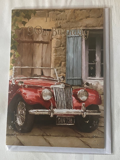 Mens Male Age 90 90th Ninety Ninetieth Happy 90th Birthday Card Red Sports Car/House Foil Detail(BGC50-990E)