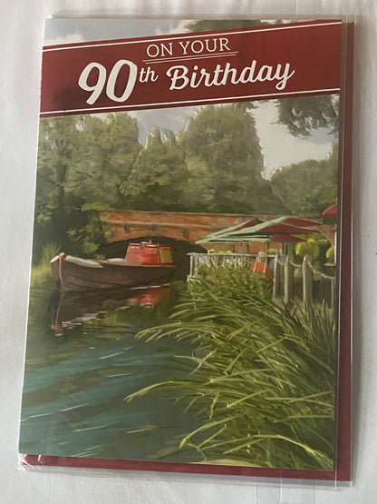 Mens/Male Age 90 90th Ninety Ninetieth On Your 90th Birthday River Scene/Bridge/Cafe/Red Boat Foil Detail(NC-VA019A)