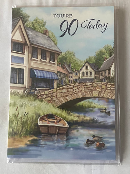 Mens Male Age 90 90th Ninety Ninetieth You're 90 Today Birthday Card Houses/Bridge/Boat/Ducks Foil Detail(NC-VA078A)