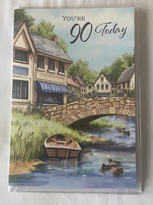 Mens Male Age 90 90th Ninety Ninetieth You're 90 Today Birthday Card Houses/Bridge/Boat/Ducks Foil Detail(NC-VA078A)