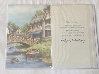 Mens Male Age 90 90th Ninety Ninetieth You're 90 Today Birthday Card Houses/Bridge/Boat/Ducks Foil Detail(NC-VA078A)