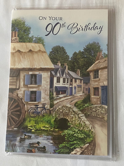 Mens Male Age 90 90th Ninety Ninetieth On Your 90th Birthday Card Houses/Bridge/Bike/Ducks Foil Detail(NC-VA078E)