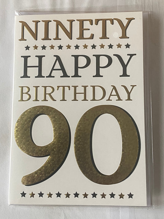 Mens Male Age 90 90th Ninety Ninetieth Ninety Happy Birthday 90 Birthday Card Gold/Black Words/Stars Foil Detail(PH44443A)